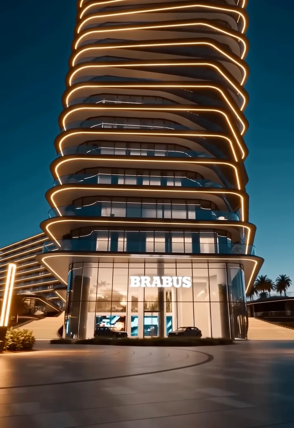 Визуализация: Вход ночью: подсвеченные ярусы и шоурум BRABUS